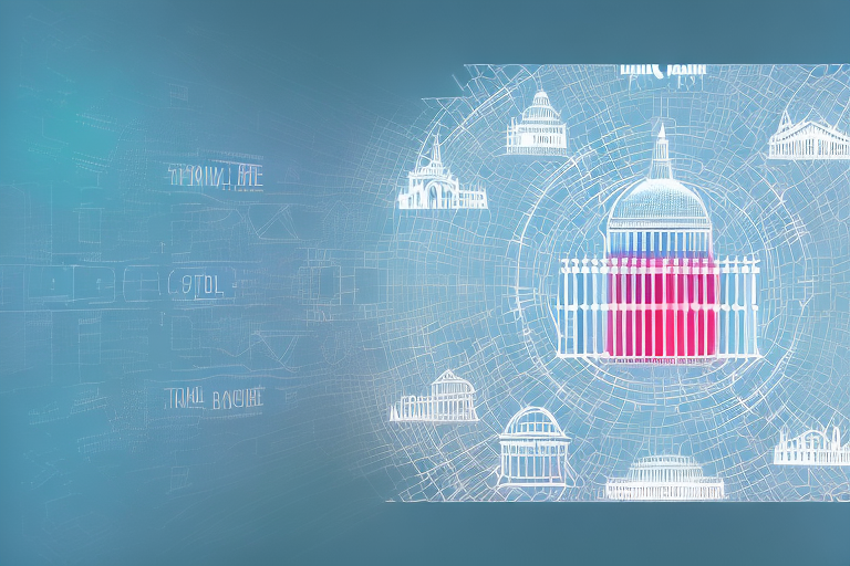 A digital landscape with different symbolic buildings representing various internet agencies