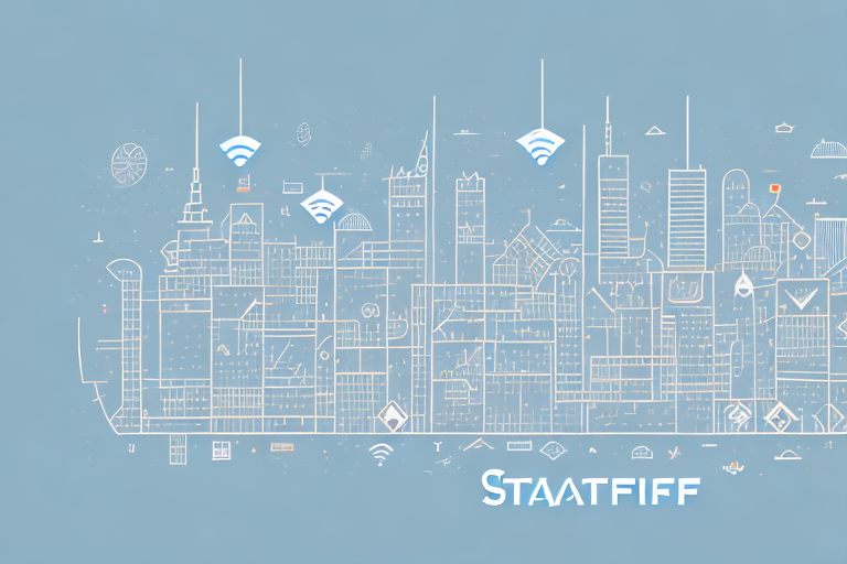 A cityscape of staßfurt with various digital symbols like mouse cursors