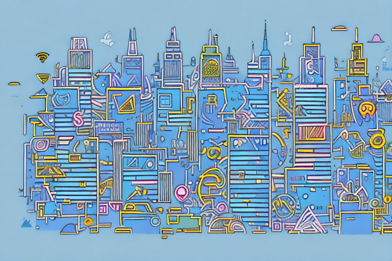 A vibrant cityscape of strausberg with various digital and internet symbols