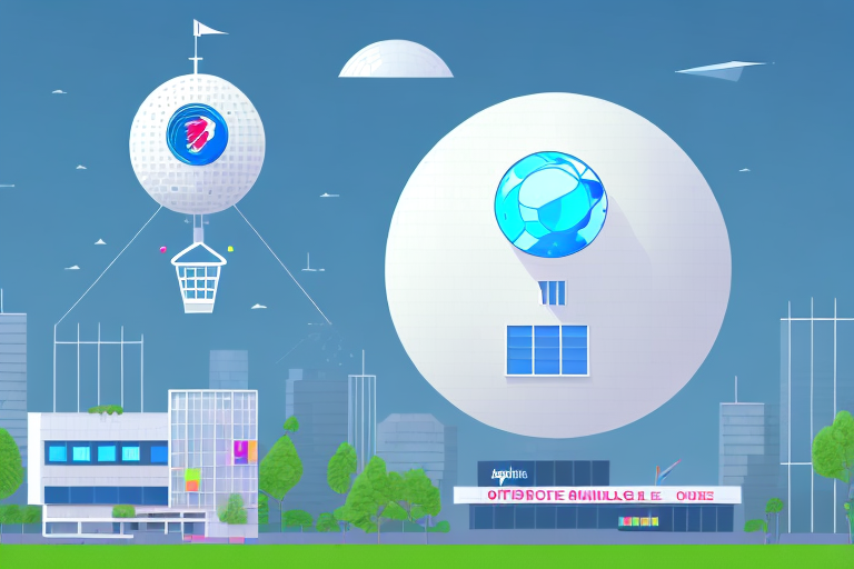 A modern office building with a digital globe floating above it