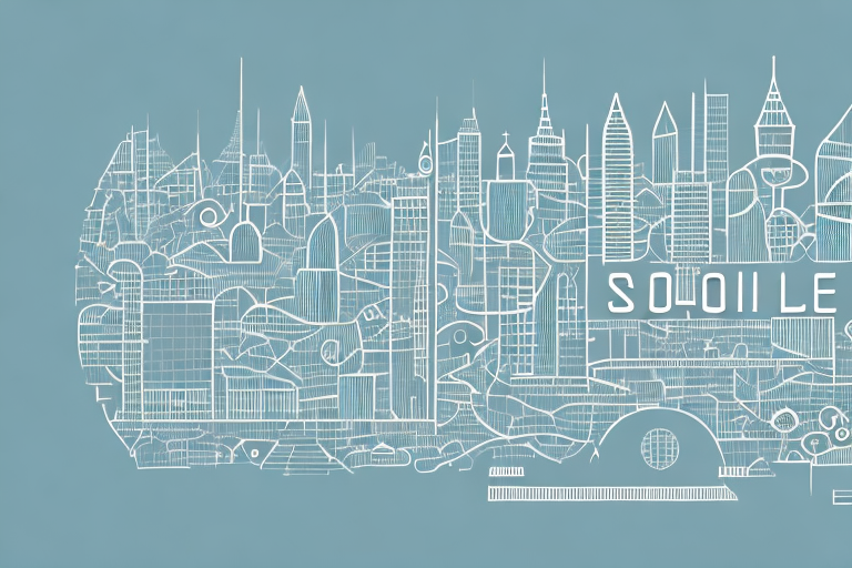 A digital cityscape with various symbolic internet icons