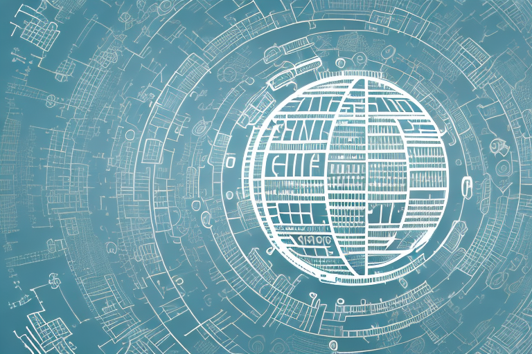 A digital cityscape with various symbolic elements like a mouse cursor