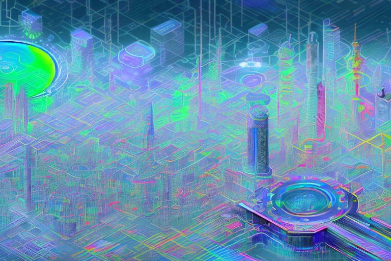 A vibrant digital cityscape that includes various symbolic elements of internet agencies