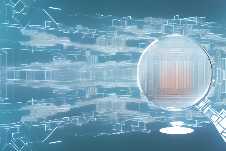 A digital cityscape with various symbolic elements like a mouse cursor