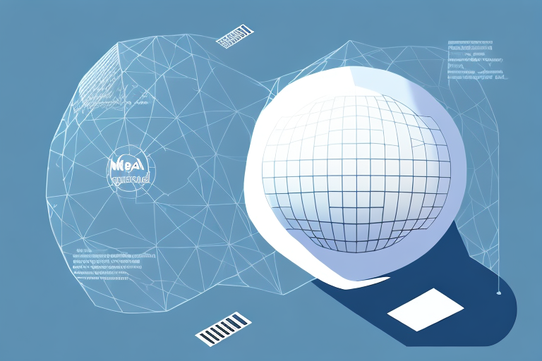 A modern office building with a digital globe floating above it