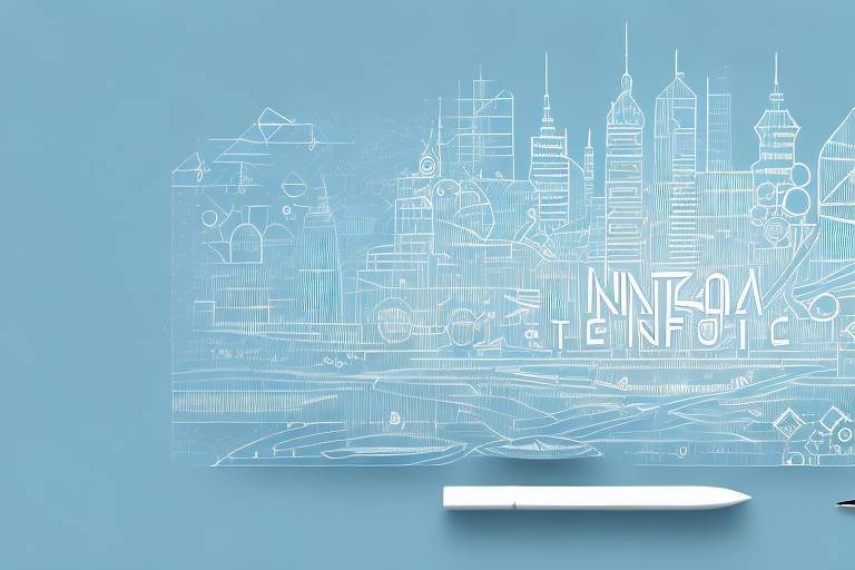 A digital cityscape with various symbolic elements like a mouse cursor