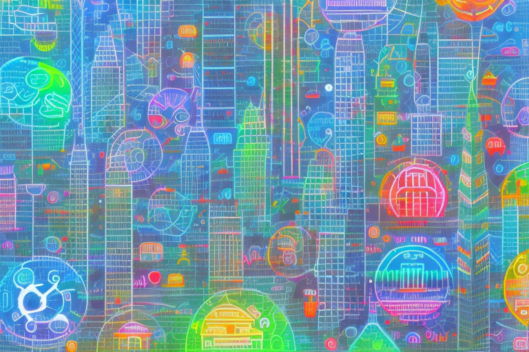 A vibrant digital cityscape with various symbolic internet icons