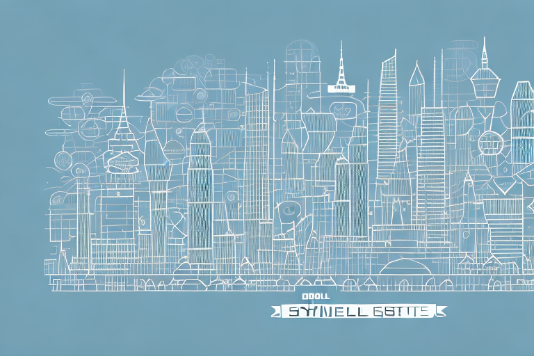 A digital cityscape with various symbolic buildings representing different aspects of an internet agency