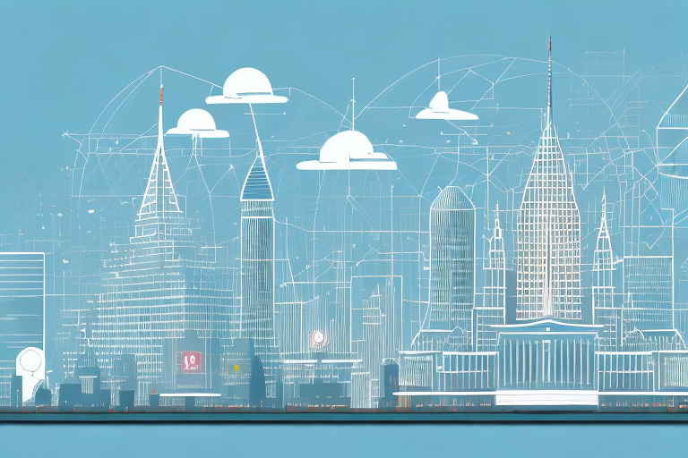 A digital cityscape with various symbolic buildings representing different internet agencies