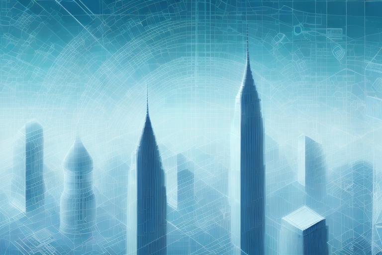 A digital cityscape with different building structures representing various internet agencies