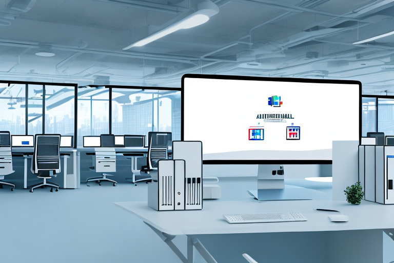 A modern digital office with multiple computer screens displaying various web designs