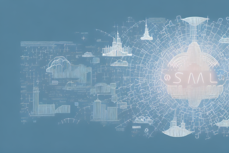 A digital cityscape with various symbolic internet icons like wifi signals