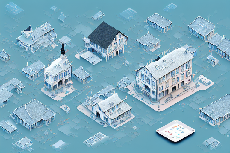 A digital landscape that includes various symbolic elements like a computer mouse