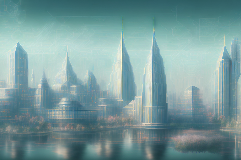A digital cityscape with various symbolic buildings representing different aspects of an internet agency