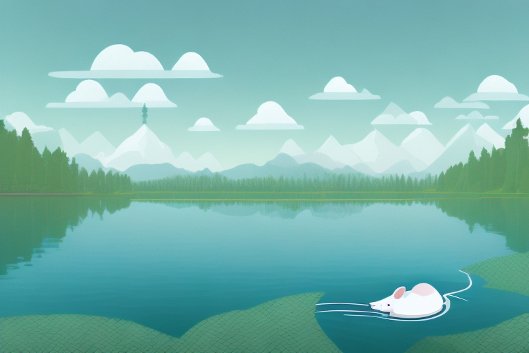 A serene lake view with various symbols of digital technology like a mouse