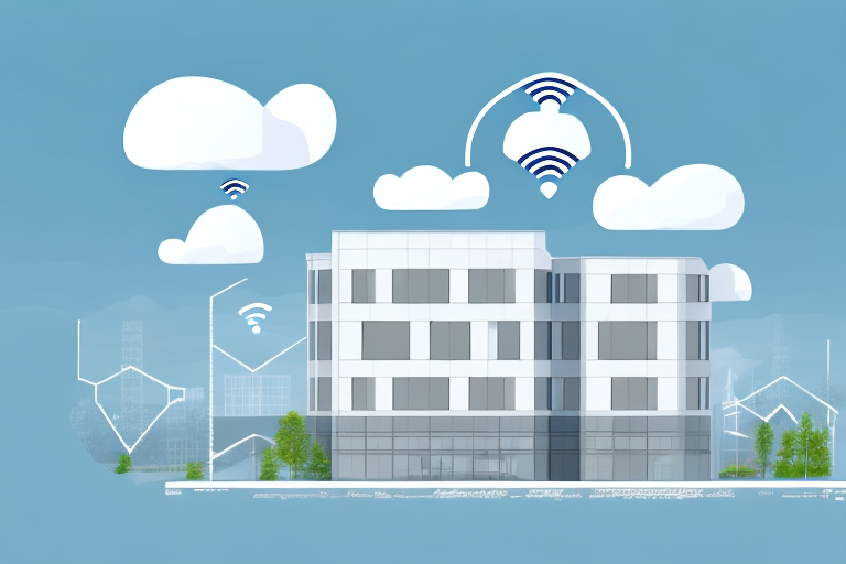 A modern office building with digital symbols like wifi