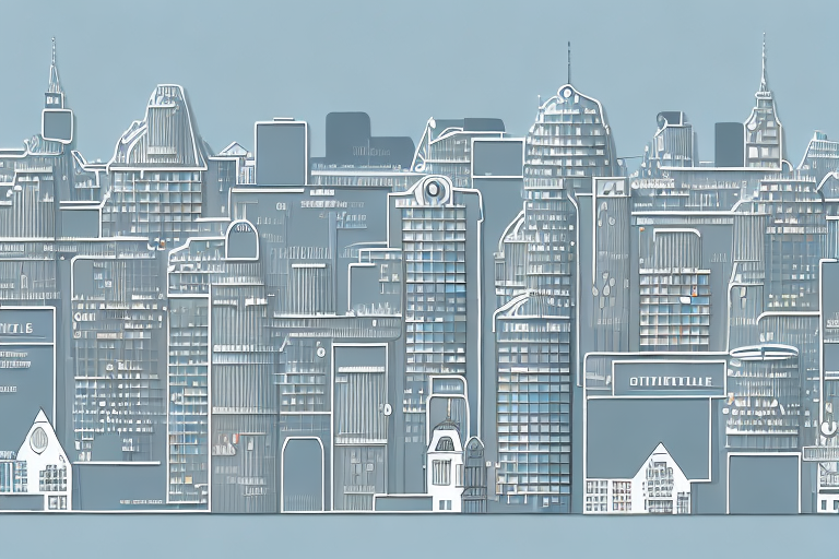 A digital cityscape with various buildings symbolizing different internet agencies in the town of straßenhaus