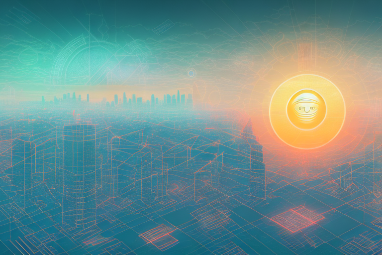 A digital cityscape with various symbolic elements representing internet agencies