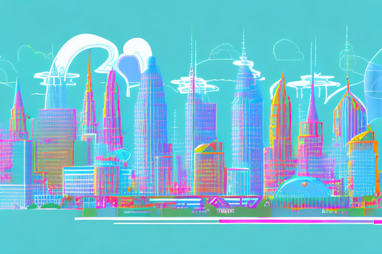 A vibrant digital cityscape with a variety of buildings symbolizing different internet agencies