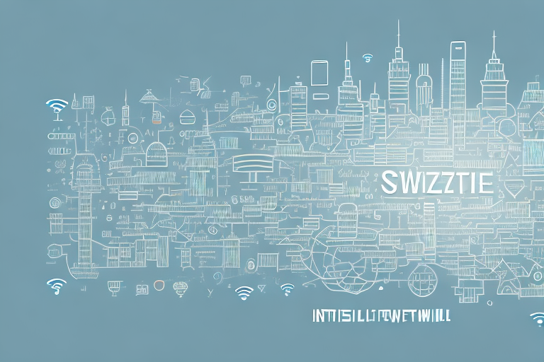 A digital cityscape with various symbolic internet elements like web browser icons