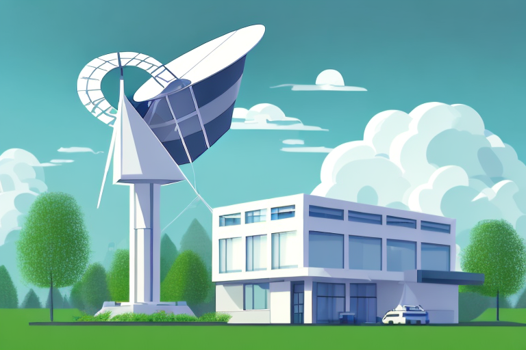 A modern office building with a large satellite dish on the roof