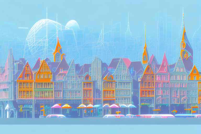 A vibrant cityscape of speyer with various digital elements like browser windows