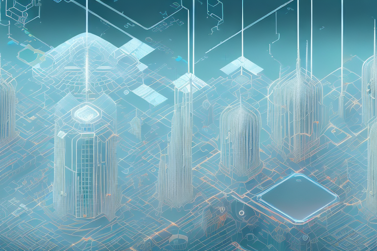 A digital cityscape with various symbolic elements representing an internet agency