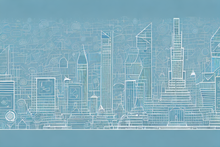 A digital cityscape with various symbolic buildings representing different aspects of an internet agency