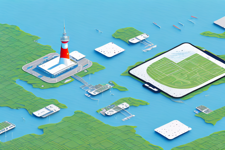 A picturesque spiekeroog island landscape with various digital devices like laptops and smartphones scattered around