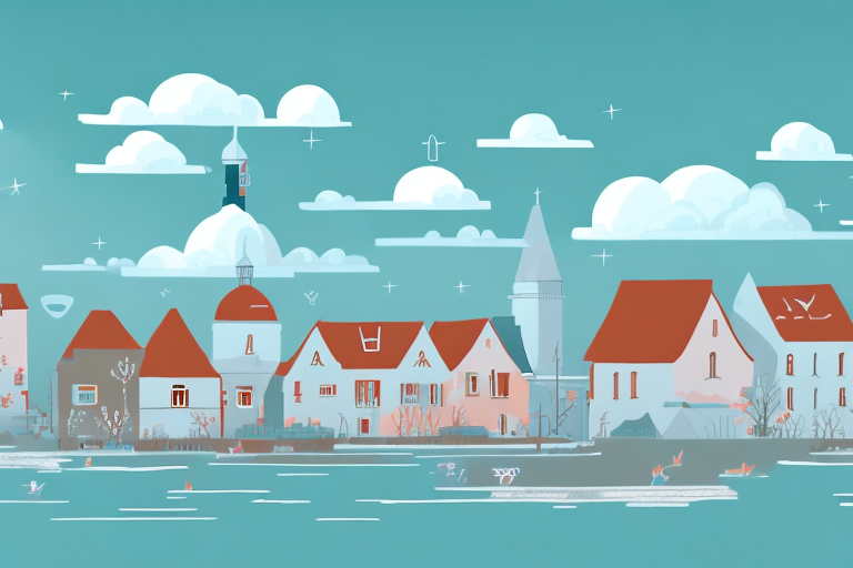 A picturesque steingaden village landscape with various symbolic internet and digital marketing icons floating above the rooftops