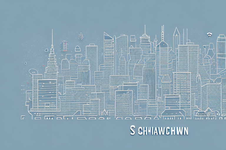 A cityscape of schwaikheim with various symbolic digital elements like a mouse cursor
