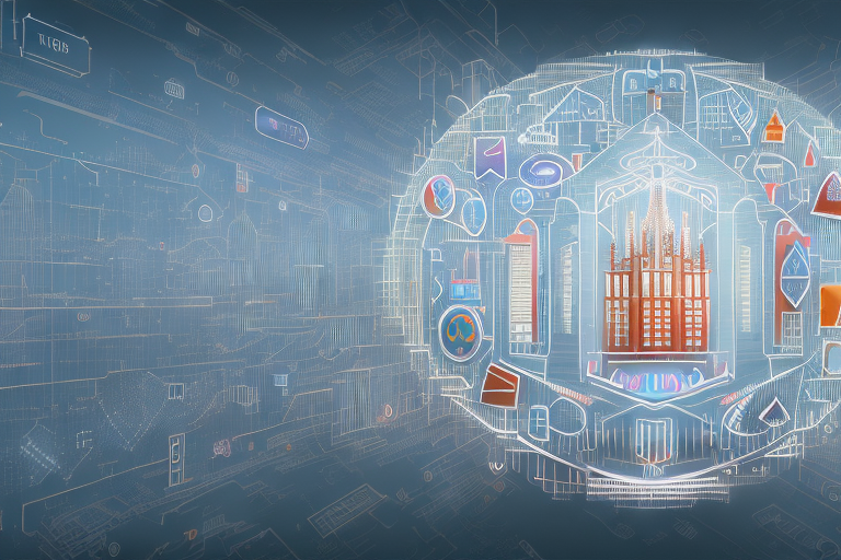 A digital cityscape with various symbolic internet icons