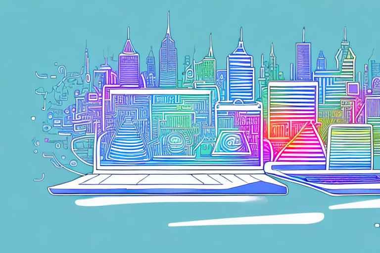 A vibrant digital cityscape with various symbolic elements like laptops