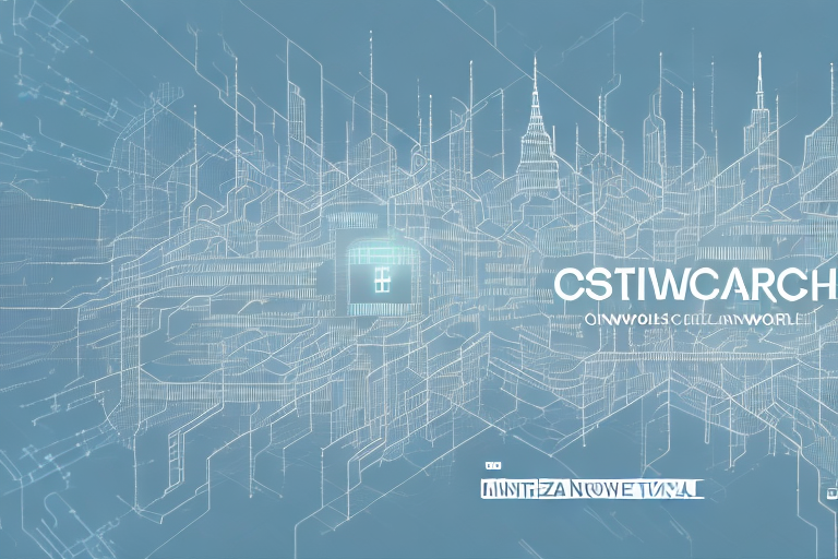 A digital cityscape with iconic elements symbolizing internet agencies