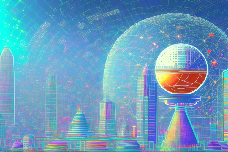 A vibrant digital cityscape with various symbolic internet and agency-related icons like a computer mouse