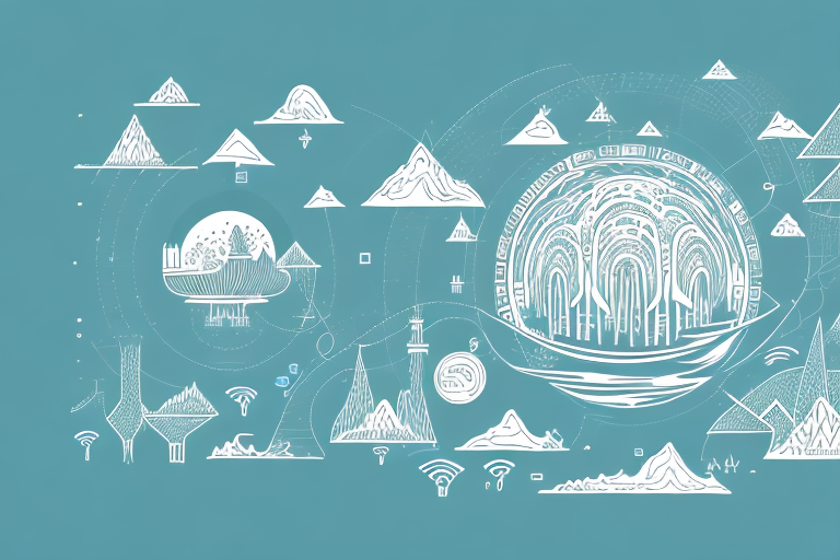 A picturesque schönwald landscape with various symbolic digital elements like mouse cursors
