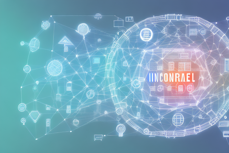 A digital landscape with various symbolic elements representing different aspects of an internet agency