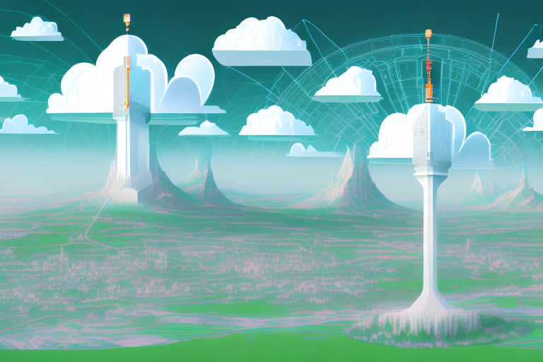 A digital landscape with various symbolic elements representing internet services