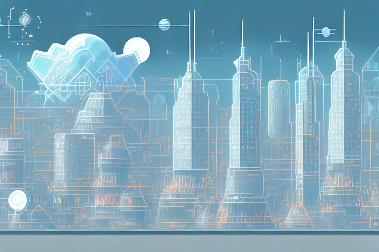 A digital cityscape with various buildings symbolizing different internet agencies in the town of stadtilm