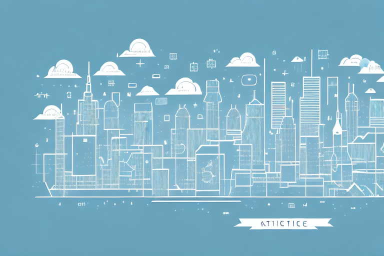 A cityscape of stadtbergen with various digital icons (like a mouse cursor