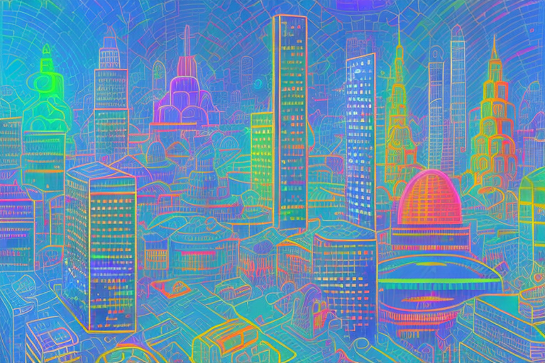A vibrant digital cityscape with various symbolic internet and agency icons