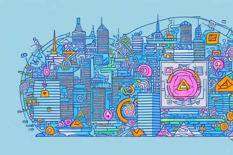 A vibrant cityscape of schwabach with various symbols representing internet technology and digital marketing tools