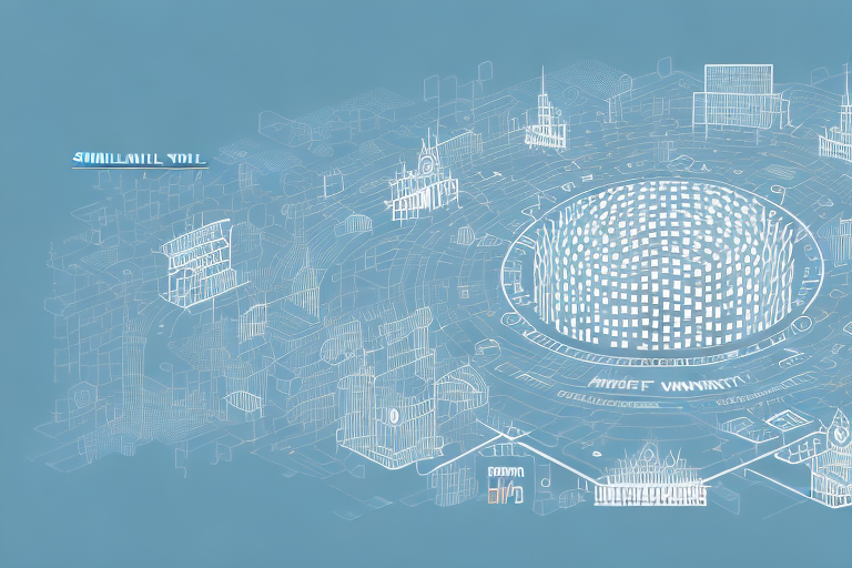 A digital landscape representing the city of simmern with various symbolic internet elements like browser windows
