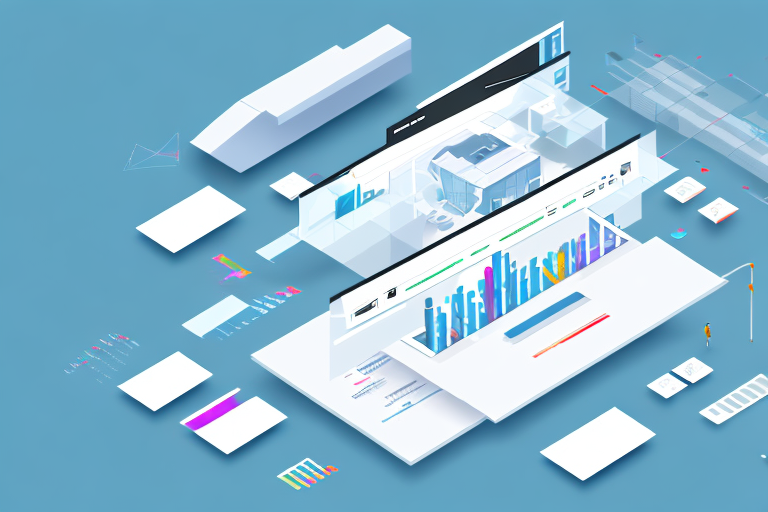 A modern office building with digital elements like website icons and seo graphs floating around it