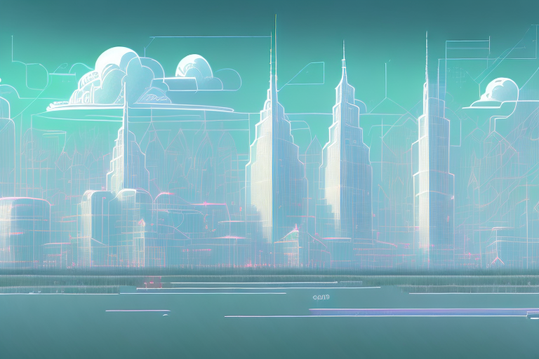 A digital cityscape with various symbolic buildings representing different aspects of an internet agency
