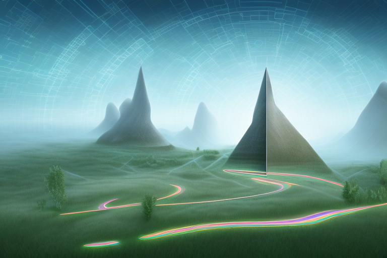 A digital landscape featuring iconic internet symbols