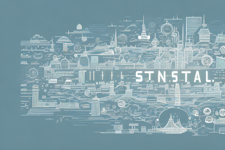 A digital cityscape with various symbolic internet and technology icons