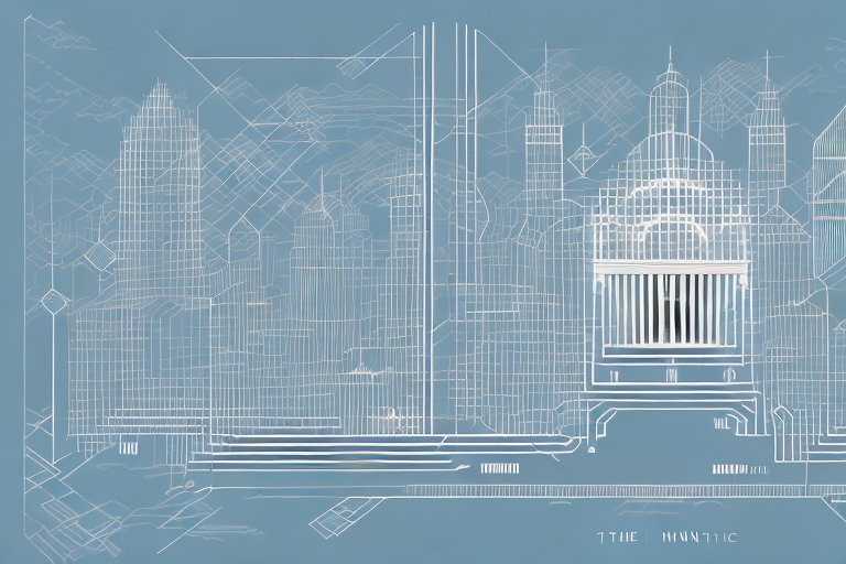 A digital landscape representing the internet with various symbolic buildings