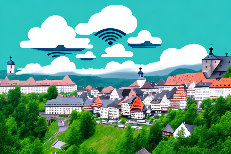 The picturesque town of triefenstein with various internet symbols like wifi