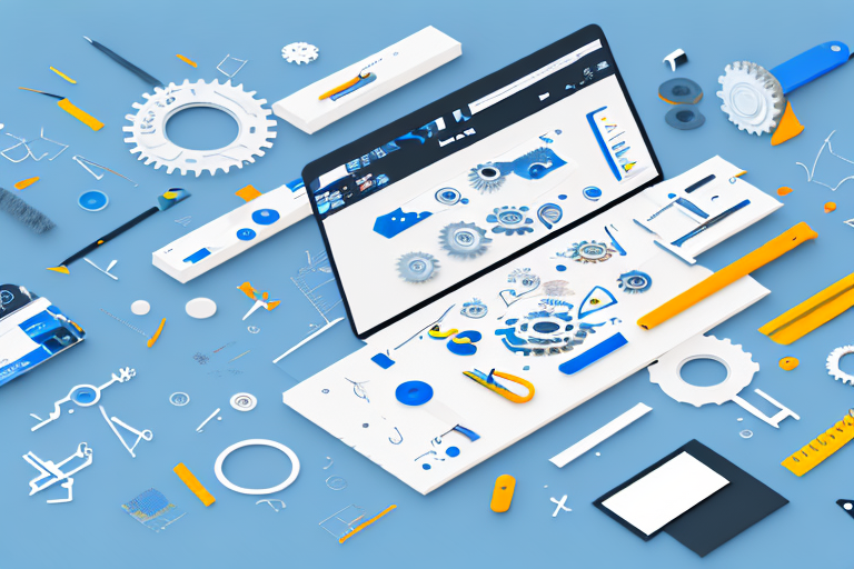 A variety of digital tools and construction elements like gears